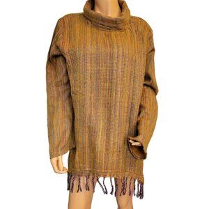 Mexicali Blues Womens Medium Large Sweater Tan Striped Fringe Poncho Style New